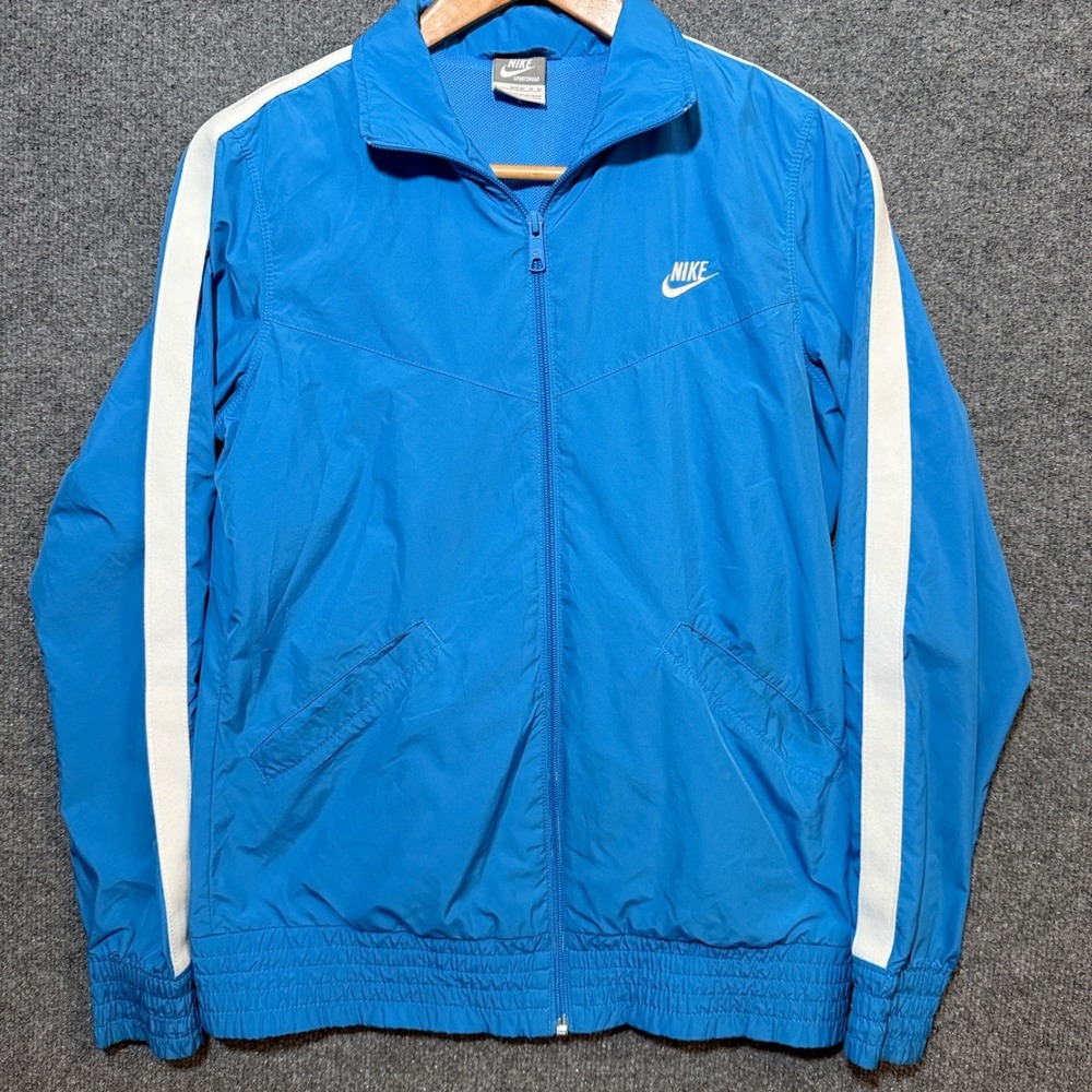 Nike Jacket Mens Medium Full Zip Track Blue White Stripe Sportswear Futura Logo